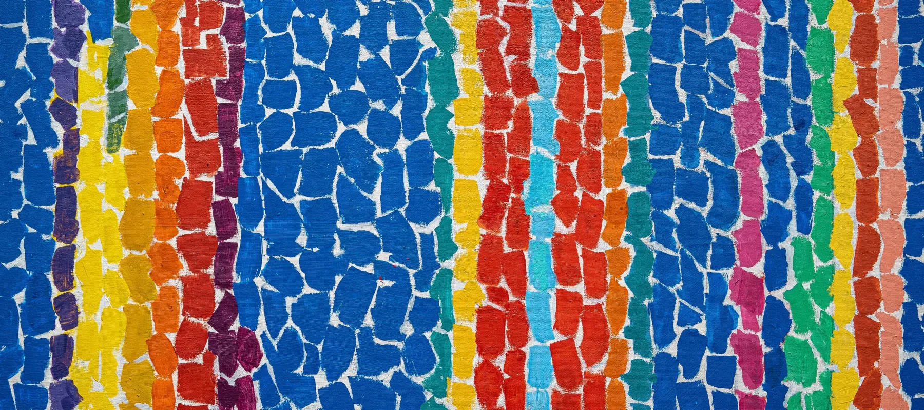 Abstract painting composed of brightly colored, lozenge-shaped brushstrokes in vertical stripes of navy, purple, turquoise, yellow, orange and red.The overall effect is as if the painting was collaged out of torn pieces of paper, with the white of the canvas showing through.
