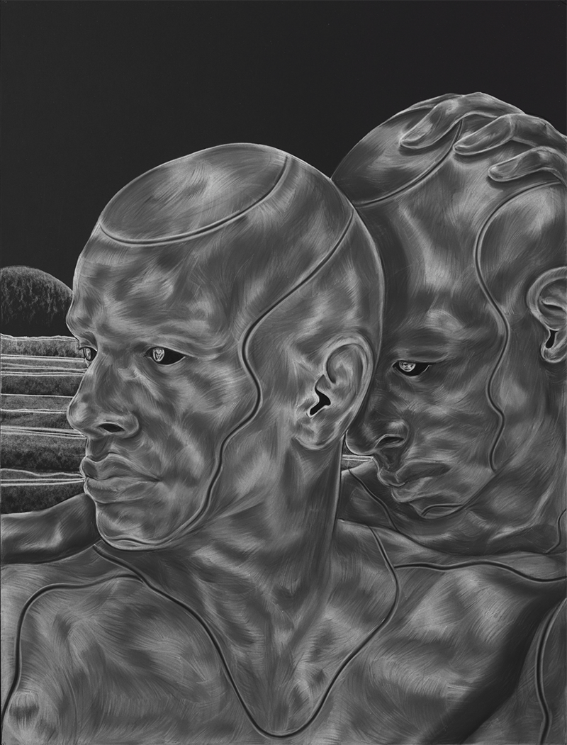 Two figures with no hair are rendered in strokes of white against a black background. The effect is of a negative photograph; their muscles are in high relief. The person in front looks to the left; the person behind rests their forehead on the back of the front person’s head.