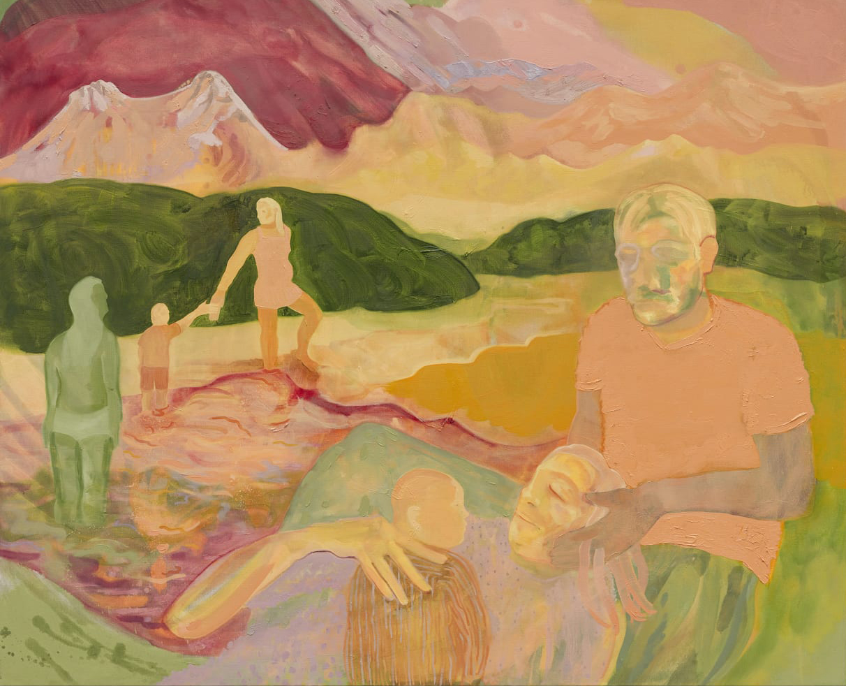 In near-transparent washes of light pastel color, shapes of people are painted within a dreamlike landscape of hills, mountains and water. In the foreground, a man holds the head of a woman, who is lying down and cradling a baby; behind them, a woman leads a child out of a river.