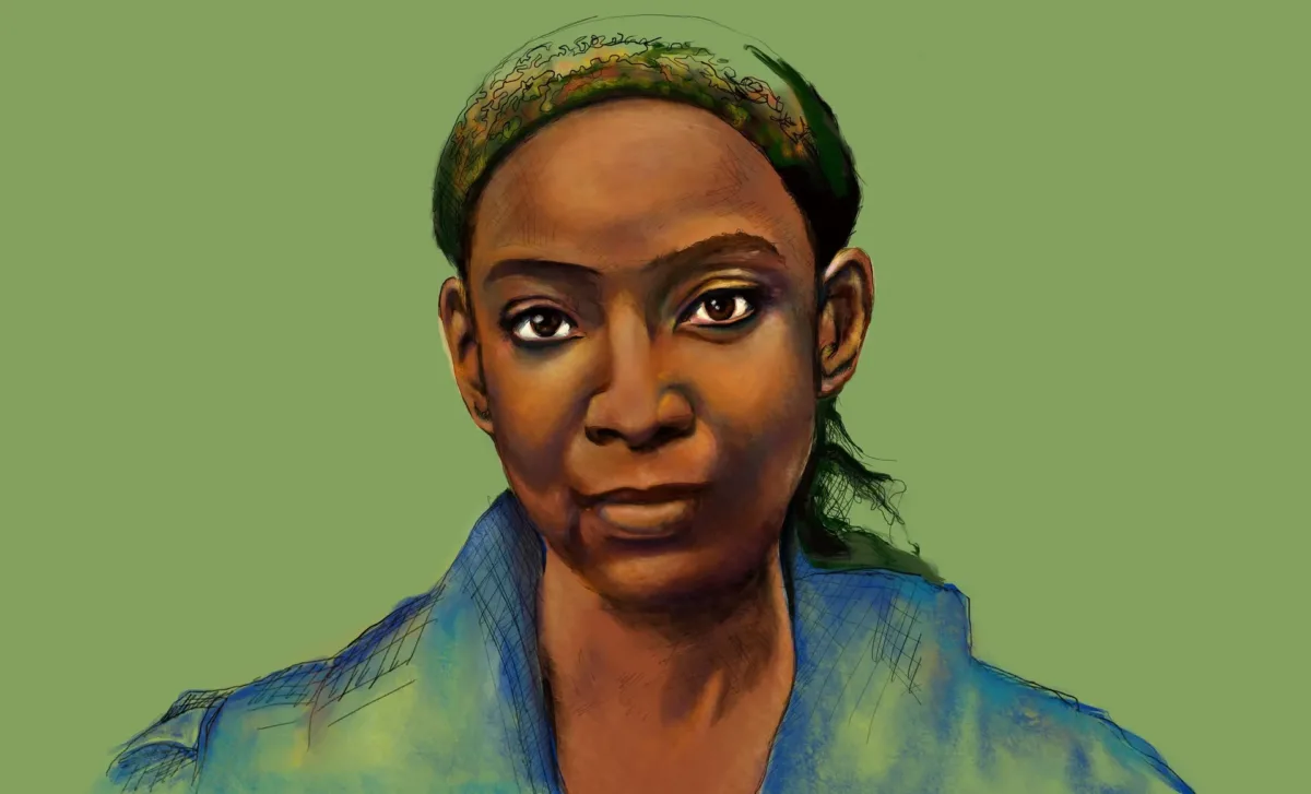 A colorful digital illustration of a Black woman wearing a head scarf and staring pleasantly at the camera; she is unsmiling but her expression is strong and warm. The background is light green.