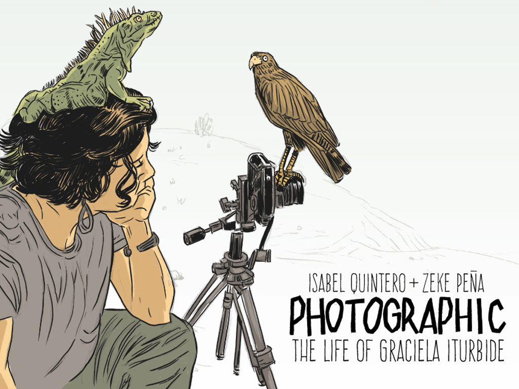 A digital illustration of a woman sitting behind a camera which is affixed to a tripod. Her left elbow rests on her knee and left hand on her chin. An iguana sits on her head. In the distance a sparsely sketched landscape is visible. She looks longingly at the camera.