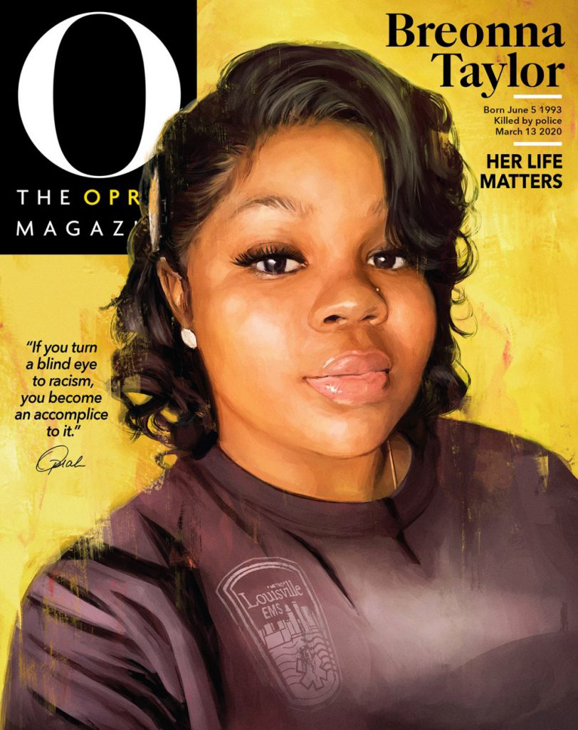 On the magazine cover is portrait, rendered in what looks like brushstrokes against a gold background, of a dark-skinned woman with swooping curly shoulder-length hair, looking out at the viewer. The heading in the upper right corner reads “Breonna Taylor: Her Life Matters.”