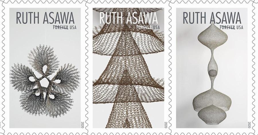 A horizontal trio of three stamps with the name “RUTH ASAWA” in capitals at the top center, with “FOREVER USA” in capitals beneath. The images are each a different wire sculpture; each creates a different organic, undulating, dynamic shapes with open loops of silver, bronze, or gold wire.