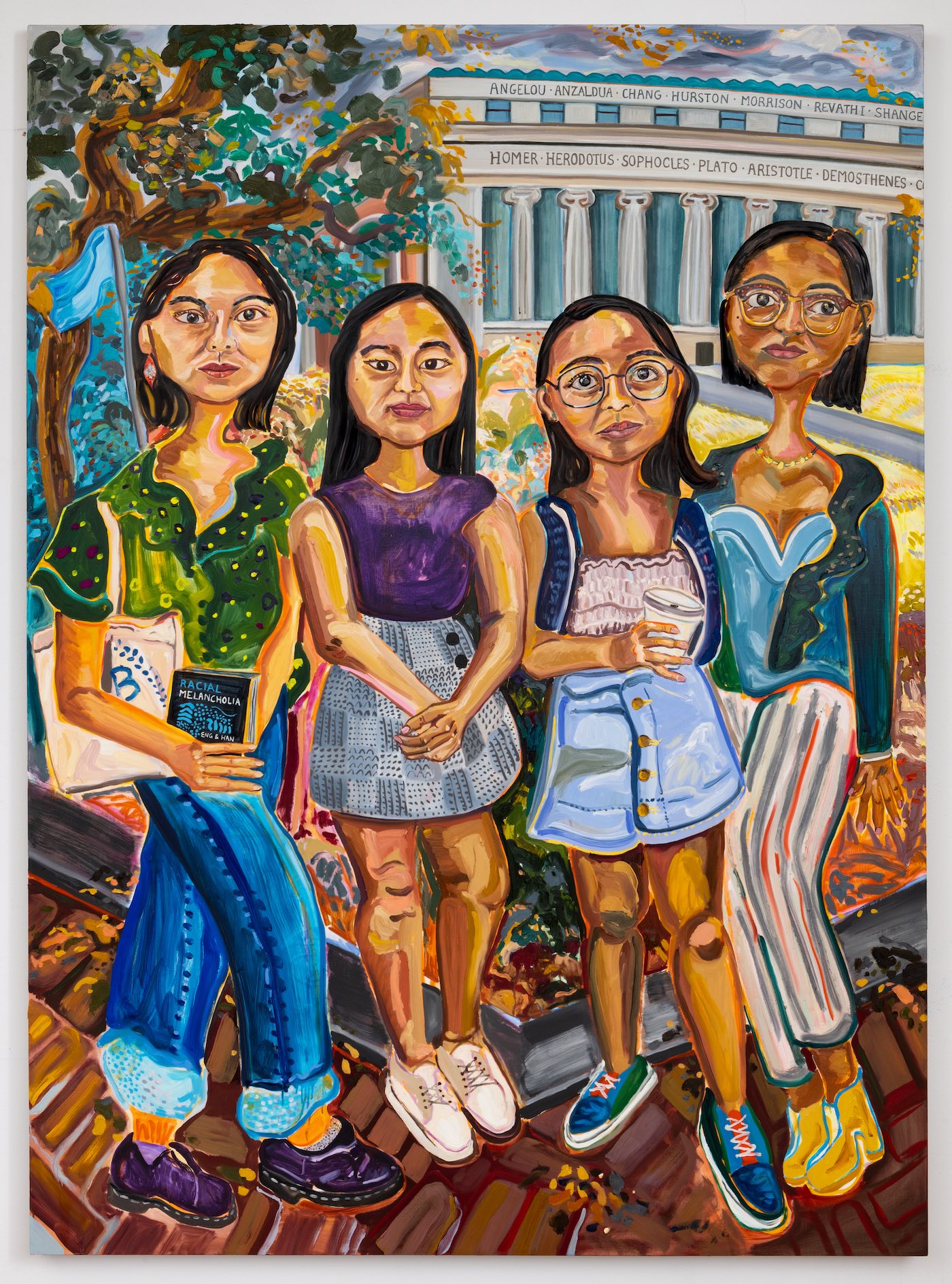 In a vivid painting rendered in thick brushstrokes, four girls stand in front of a grand building. On top of the building’s white columns are the names of Homer, Plato and other Greek philosophers; on top of these are the names of Angelou, Morrison and other modern women writers.