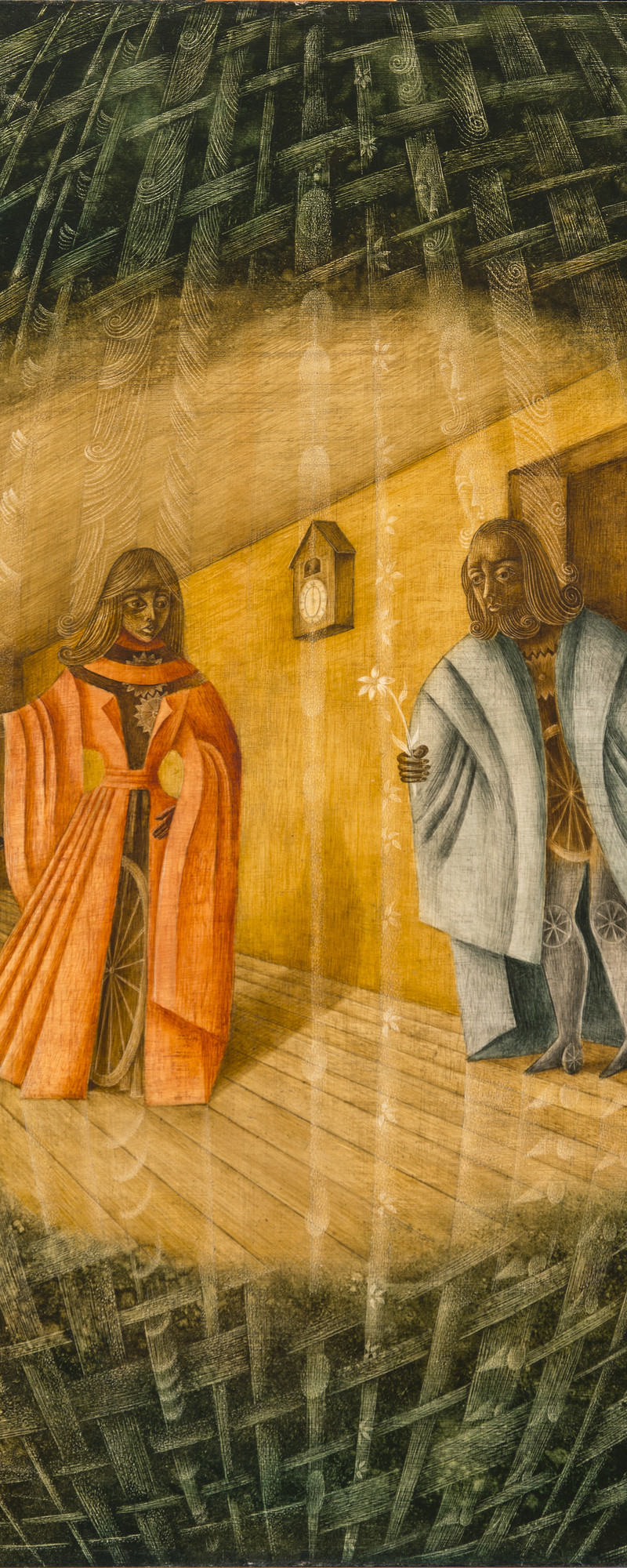 Green-tinted woven wood covers the corners and leads to the middle where a woman in an orange cloak made from various wooden objects such as a wagon wheel holds a candle and looks to her right at a man entering into the room from a door. The man is wearing a blue cloak and is also comprised of wooden objects. In his right hand, he holds a white flower. Behind them, a clock hangs on the wall, and in the left corner, a blackbird perches on a chair.