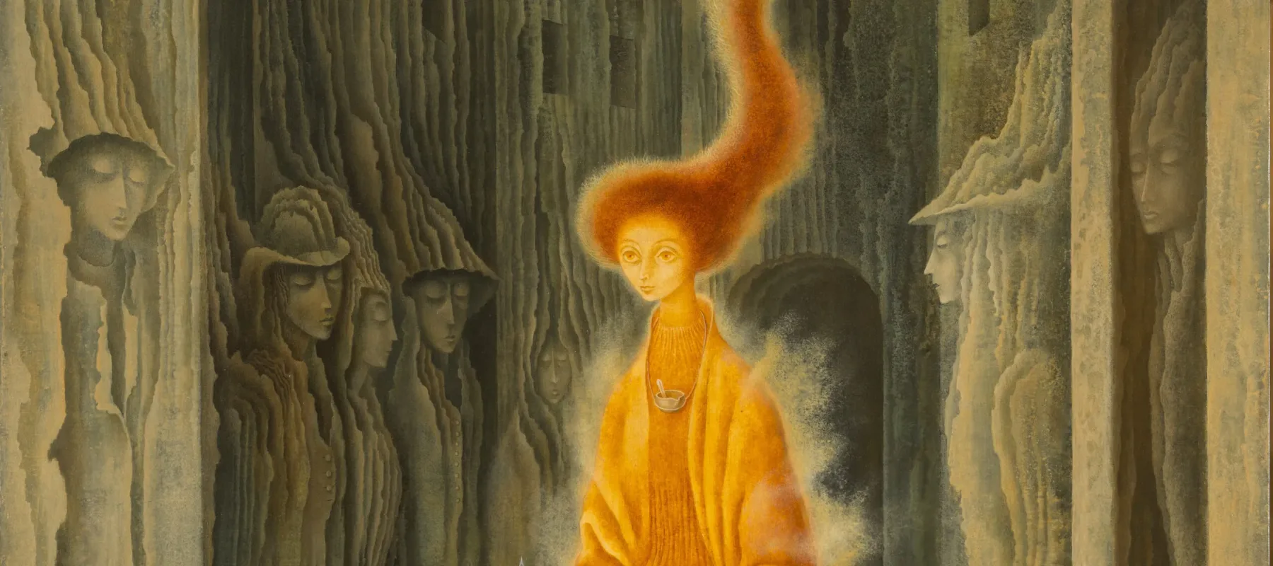 Rendered with precise brushwork, a tall, thin figure strides forward wearing flowing, orange garments emanating a misty golden aura. Her fiery red hair stretches heavenward, encircling a celestial orb. Figures appear encased in the walls of the concave structure surrounding her.