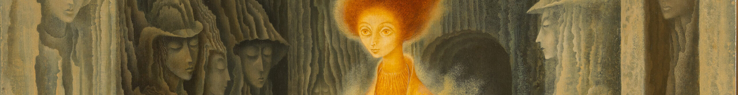 Rendered with precise brushwork, a tall, thin figure strides forward wearing flowing, orange garments emanating a misty golden aura. Her fiery red hair stretches heavenward, encircling a celestial orb. Figures appear encased in the walls of the concave structure surrounding her.