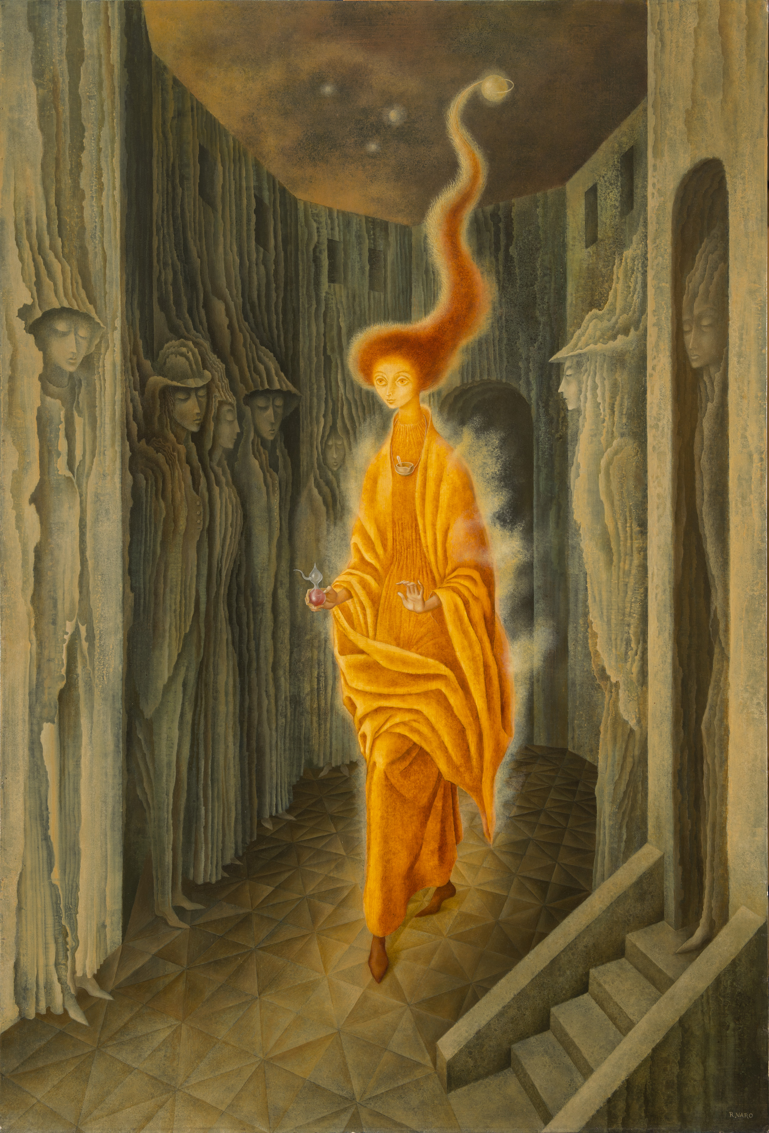 Rendered with precise brushwork, a tall, thin figure strides forward wearing flowing, orange garments emanating a misty golden aura. Her fiery red hair stretches heavenward, encircling a celestial orb. Figures appear encased in the walls of the concave structure surrounding her.