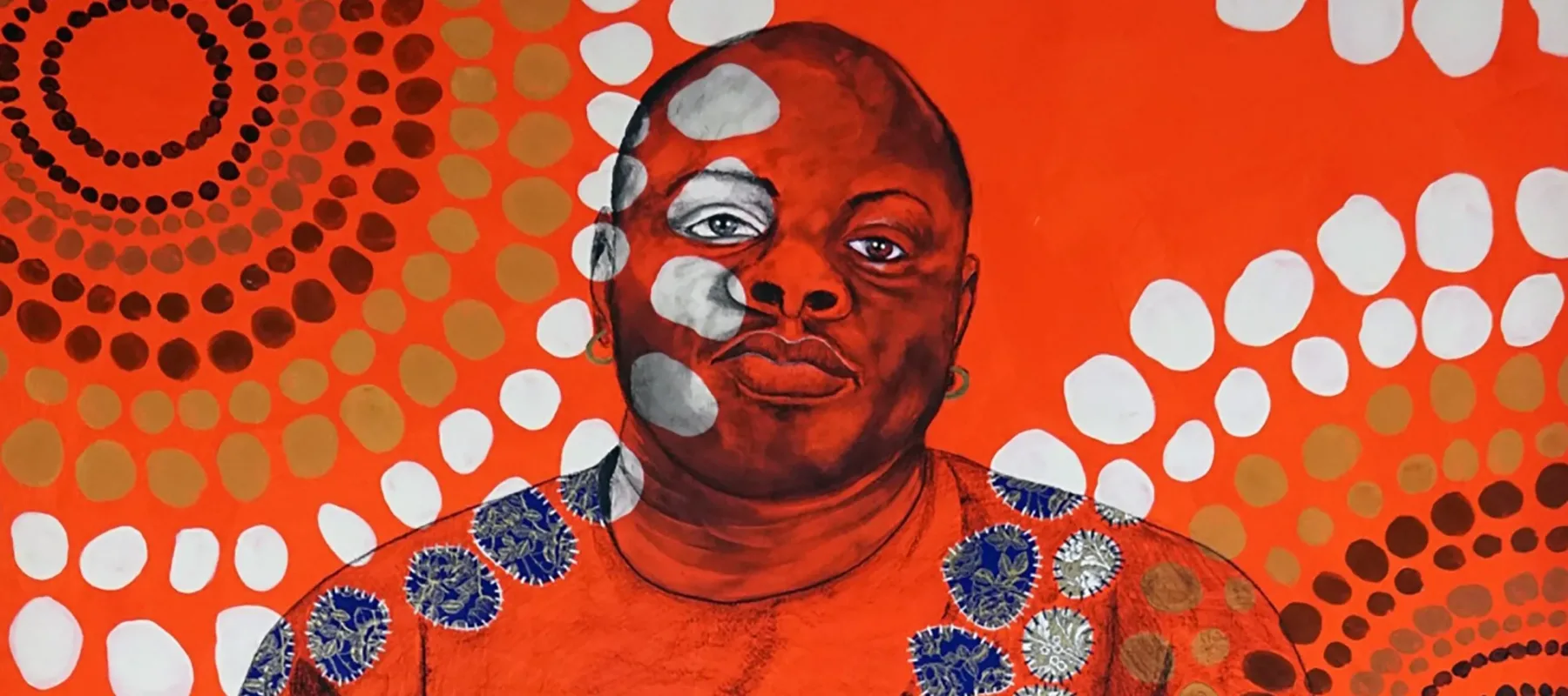 In this mixed-media painting, awash in bright orange, a seated, heavy-set, dark-skinned man stares confidently at the viewer. An overlaid pattern of white, blue, and brown circles covers him and the background.