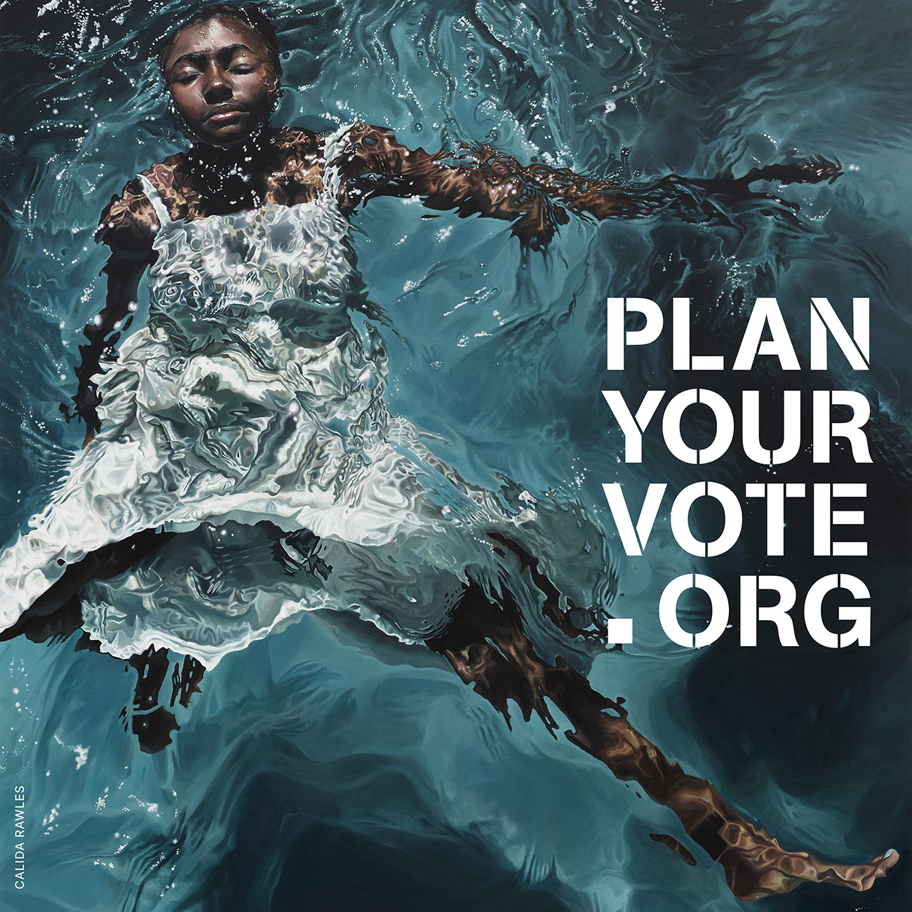 A dark-skinned girl floats in blue pool water; her eyes are closed, her face peeks above the water, and she wears a white summer dress. Next to her the text PLANYOUTVOTE.ORG is in all caps.