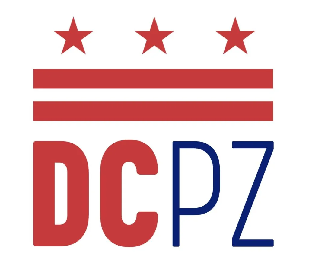 Three red stars arranged in a row centered over two thick lines resembling an equal sign, all over the letters "DCPZ."