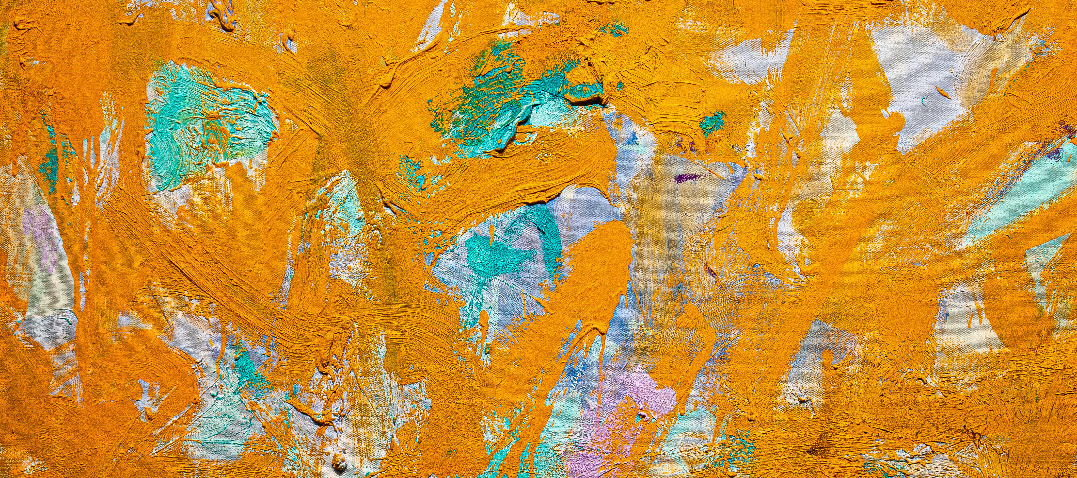 Close-up detail of an abstract painting with very thick and gestural brushstrokes of mostly orange paint.