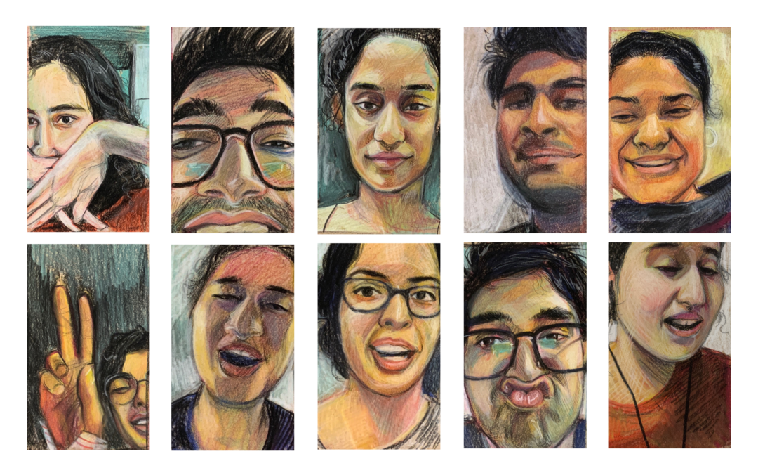 Ten vertical portraits are arranged in a two-by-five grid with the subjects’ faces squeezed closely into the frame. Both male and female subjects stare intensely at the viewer conveying emotions ranging from joy and playfulness to boredom and indifference.