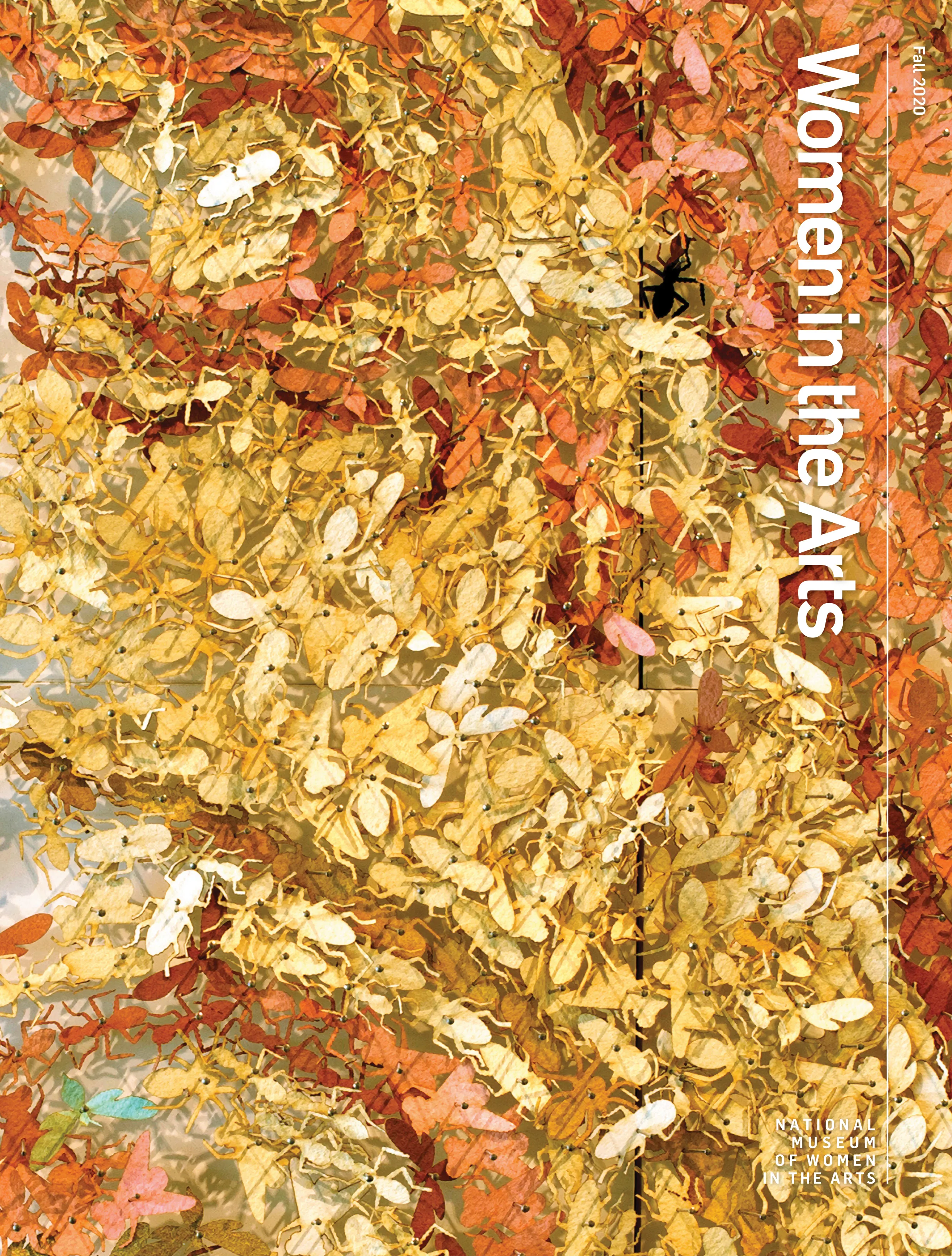 Women in the Arts magazine cover features a close-up look at an artwork made of cut paper insects in metallic hues of gold and copper.