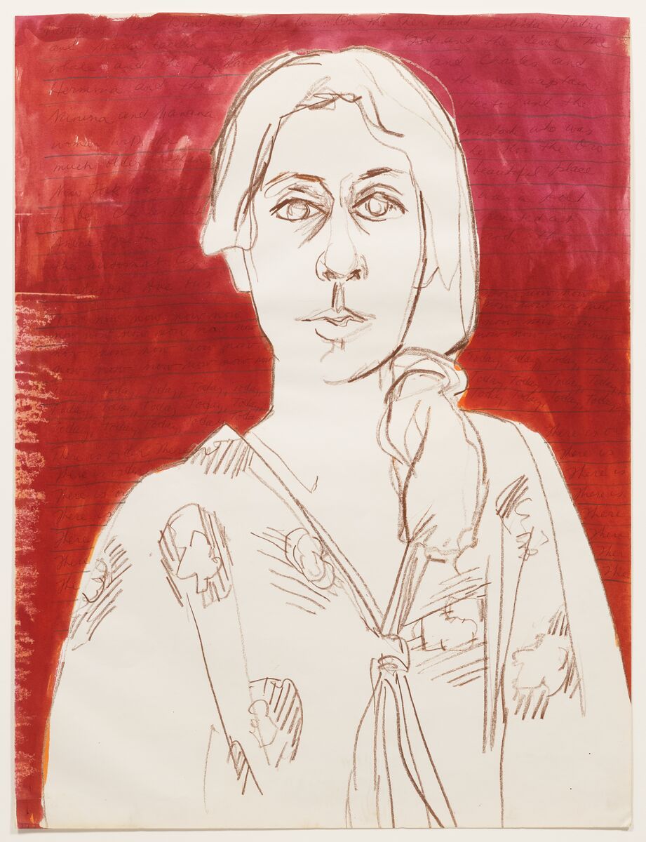 A sketch of a woman outlined in brown stands in front of a red streaked canvas. Her medium-length hair is gathered in a ponytail on her left side and her v-neck long-sleeved shirt is covered in large floral print. She stares at the viewer with empty eyes and parted lips.