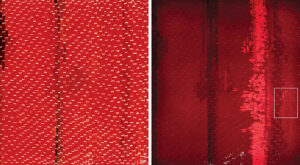 An abstract painting features vertical tile-shaped brushstrokes in various shades of red separated by horizontal white lines. A rhythmic and mosaic-like pattern resembles stitching, while the white lines create stairsteps in the lower right corner, separating as they move towards the center. The same painting, Orion, is shown in a spectral image that darkens much of the work’s surface. Bright orange-red vertical stripes and marks can be seen on the right half of the painting.