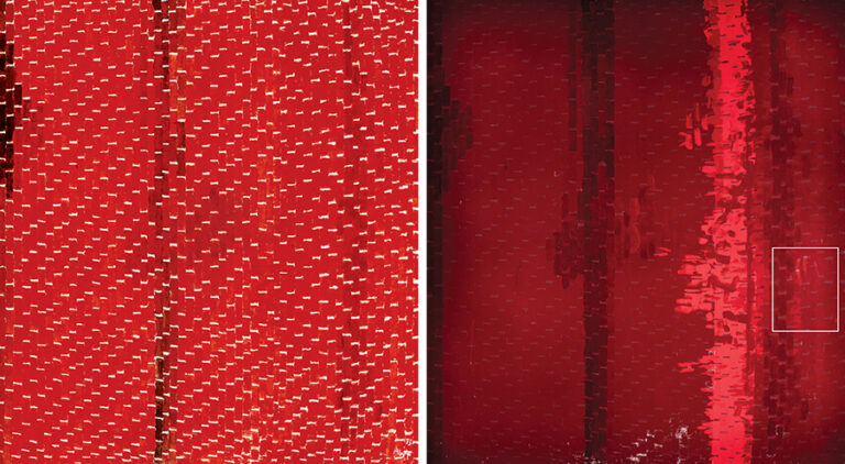 An abstract painting features vertical tile-shaped brushstrokes in various shades of red separated by horizontal white lines. A rhythmic and mosaic-like pattern resembles stitching, while the white lines create stairsteps in the lower right corner, separating as they move towards the center. The same painting, Orion, is shown in a spectral image that darkens much of the work’s surface. Bright orange-red vertical stripes and marks can be seen on the right half of the painting.