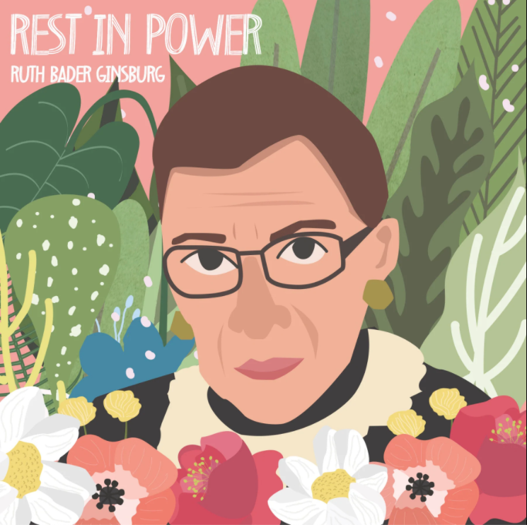 A digital illustration in pastel colors features the face of Ruth Bader Ginsburg amid colorful flowers and tropical plants. In the upper left corner is white text that reads “Rest in Power, Ruth Bader Ginsburg.”