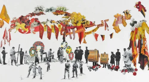 A long horizontal rectangle with small numerous figures and images collaged on the surface. Black and white figures in soldier’s uniforms stand and lay down, along with yellow and red banners, flags, and garlands.