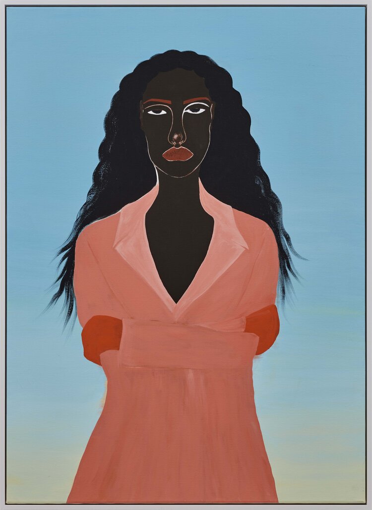 Against a bright blue background that tapers to white, a dark-skinned woman stands wearing a peach collared jacked with orange gloves. Her wavy hair flows in wispy brushstrokes behind her, and she stares at the viewer in indifference with arms crossed.