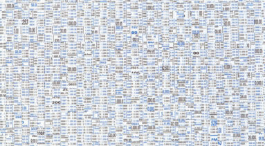 A rectangular work made up of blue and black pieces of paper interwoven together with currency amounts and words in Spanish.