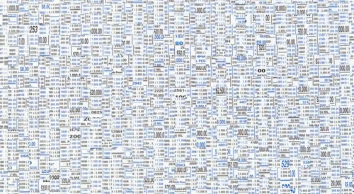 A rectangular work made up of blue and black pieces of paper interwoven together with currency amounts and words in Spanish.