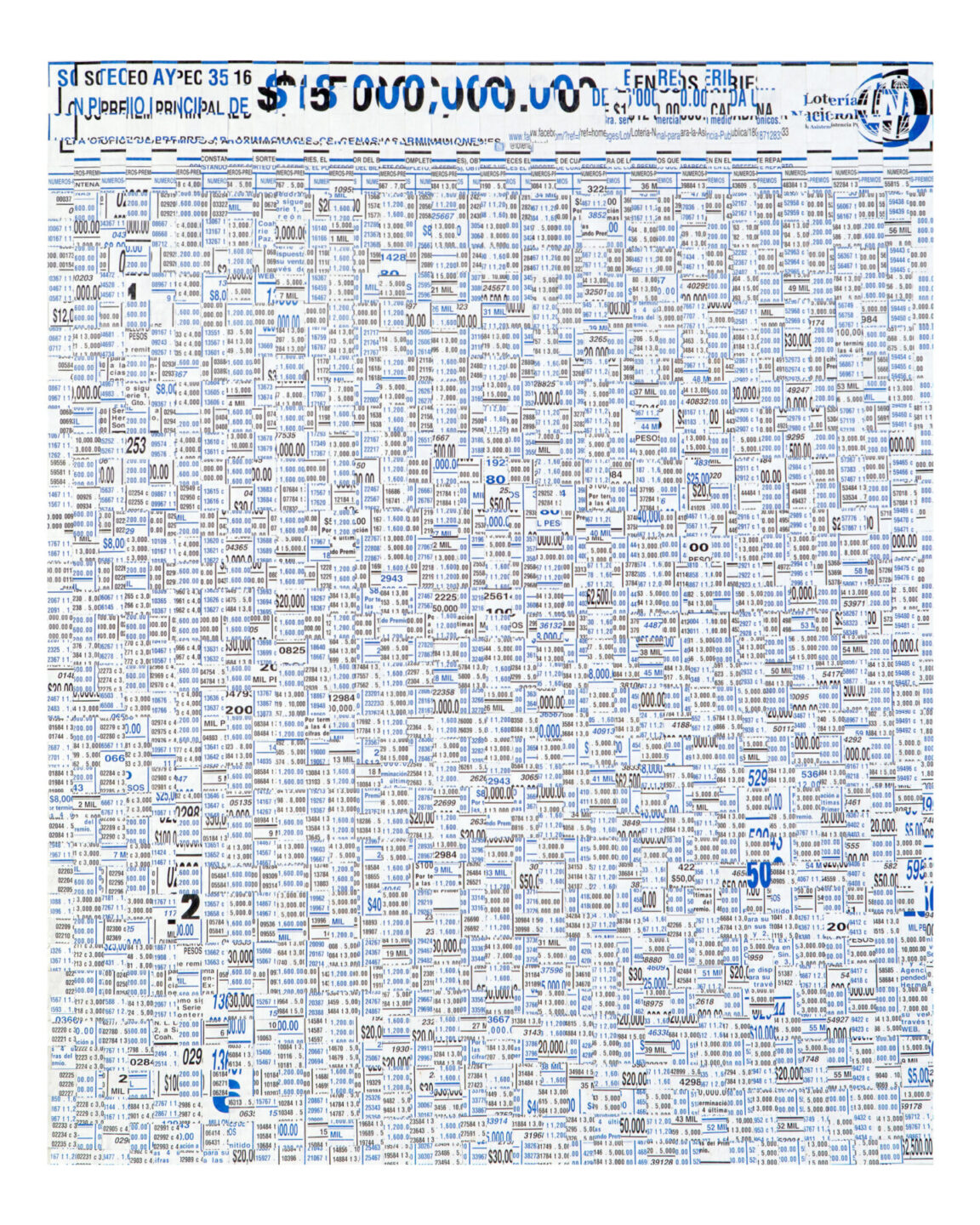 A rectangular work made up of blue and black pieces of paper interwoven together with currency amounts and words in Spanish.