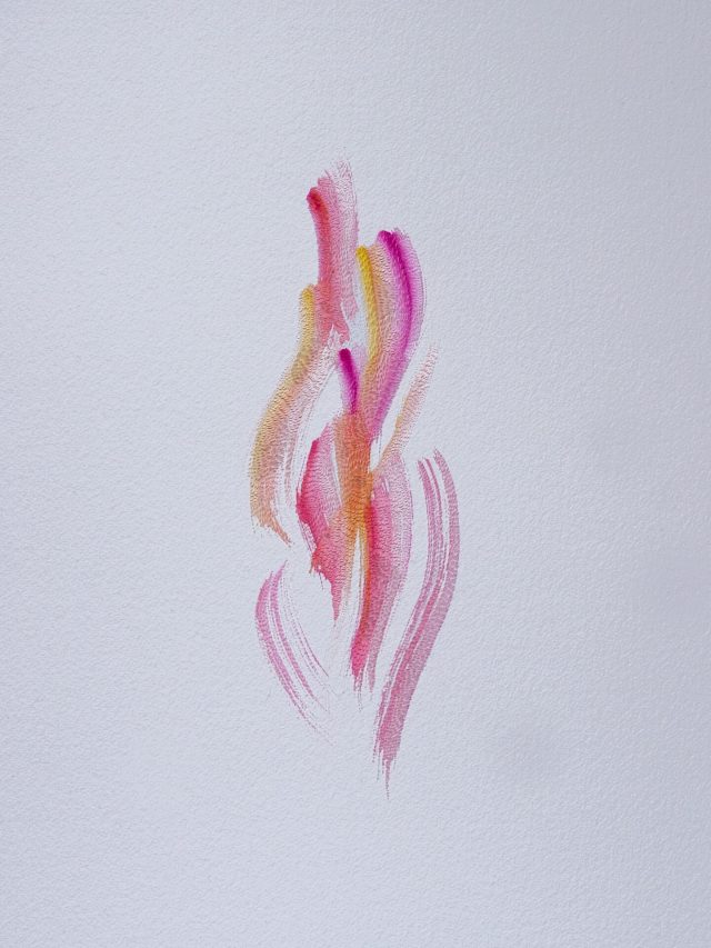 Abstract contemporary artwork of few strokes of pink, orange and magenta watercolors on a white background. The surface of the paint is marked by miniscule shallow raised cuts into the top layer of the paper.