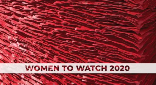 Book cover features bright red stacks of crinkled paper radiating from the left side. The books title 'Paper Routes Women to Watch 2020' is in white text.