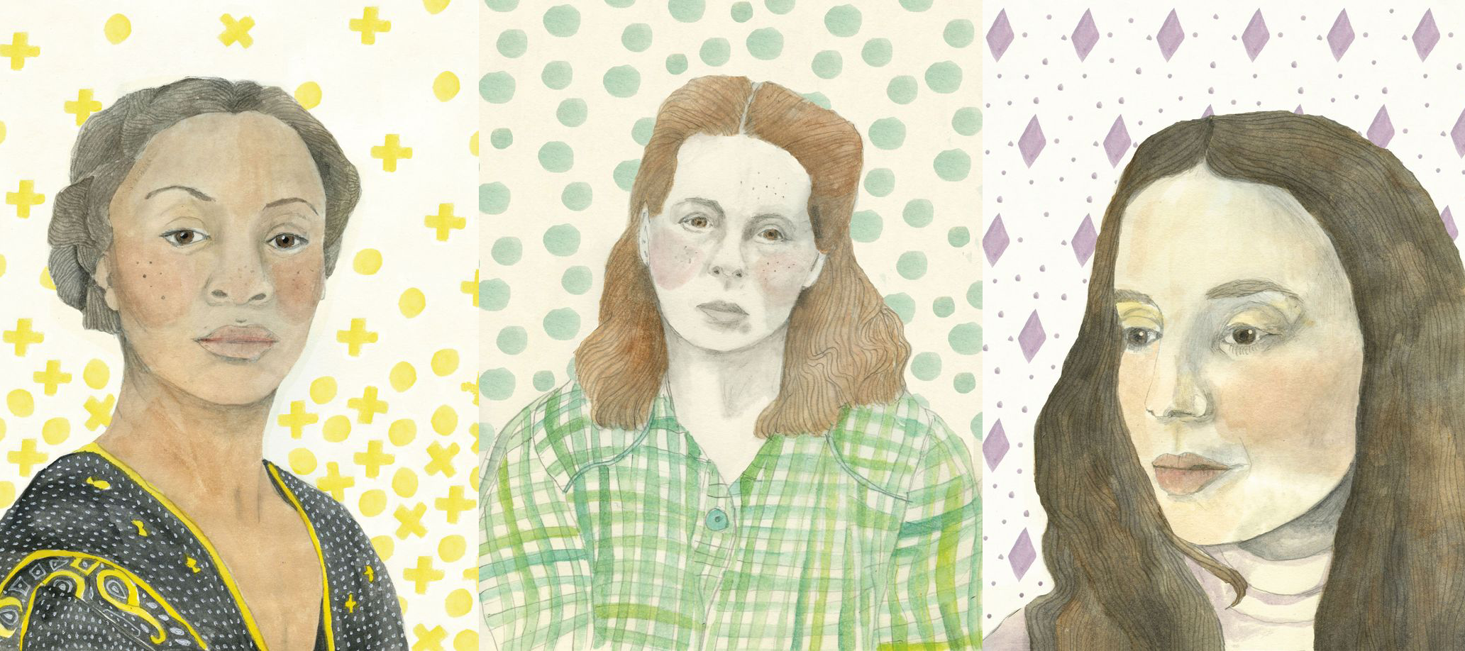 Three soft-colored paintings of prominent women artists—Kara Walker, Alice Neel, and Ana Mendieta (left to right)—against backgrounds of colorful shapes. Walker has medium-dark skin and dark hair; Neel has light skin and short, brown hair; and Mendieta had light skin and long, dark hair.