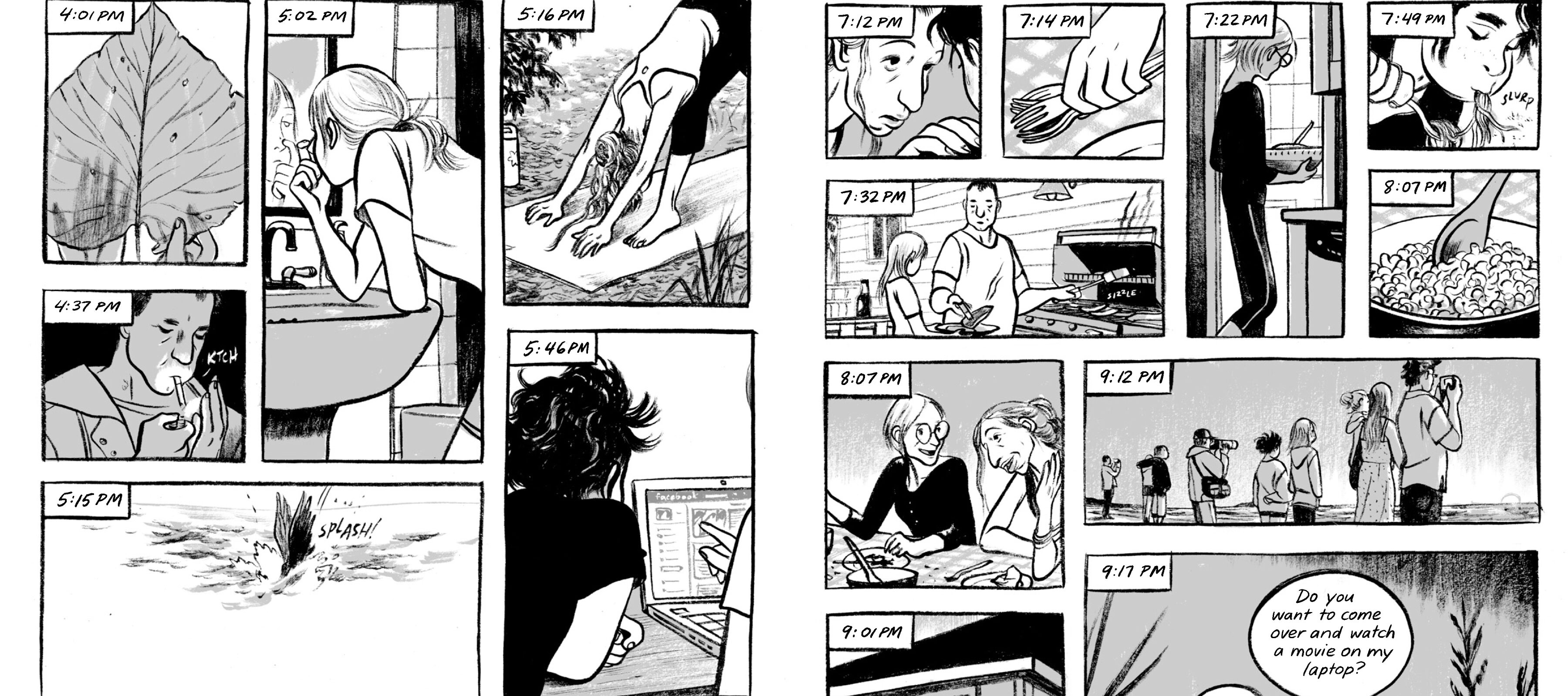 A black-and-white double-page spread of comics that depicts what various people are doing throughout the span of an evening. The people are all light-skinned and performing different activities such as smoking, yoga, reading, writing, barbecuing, and eating.