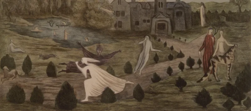 Eerie figures walk, float, swim and stand in a pastoral landscape. A grey house sits next to a small body of water, the lawn decorated with small shrubs and trees. A pair, one dressed and one nude, pet a stripped animal as ghostly figures move through the foreground.