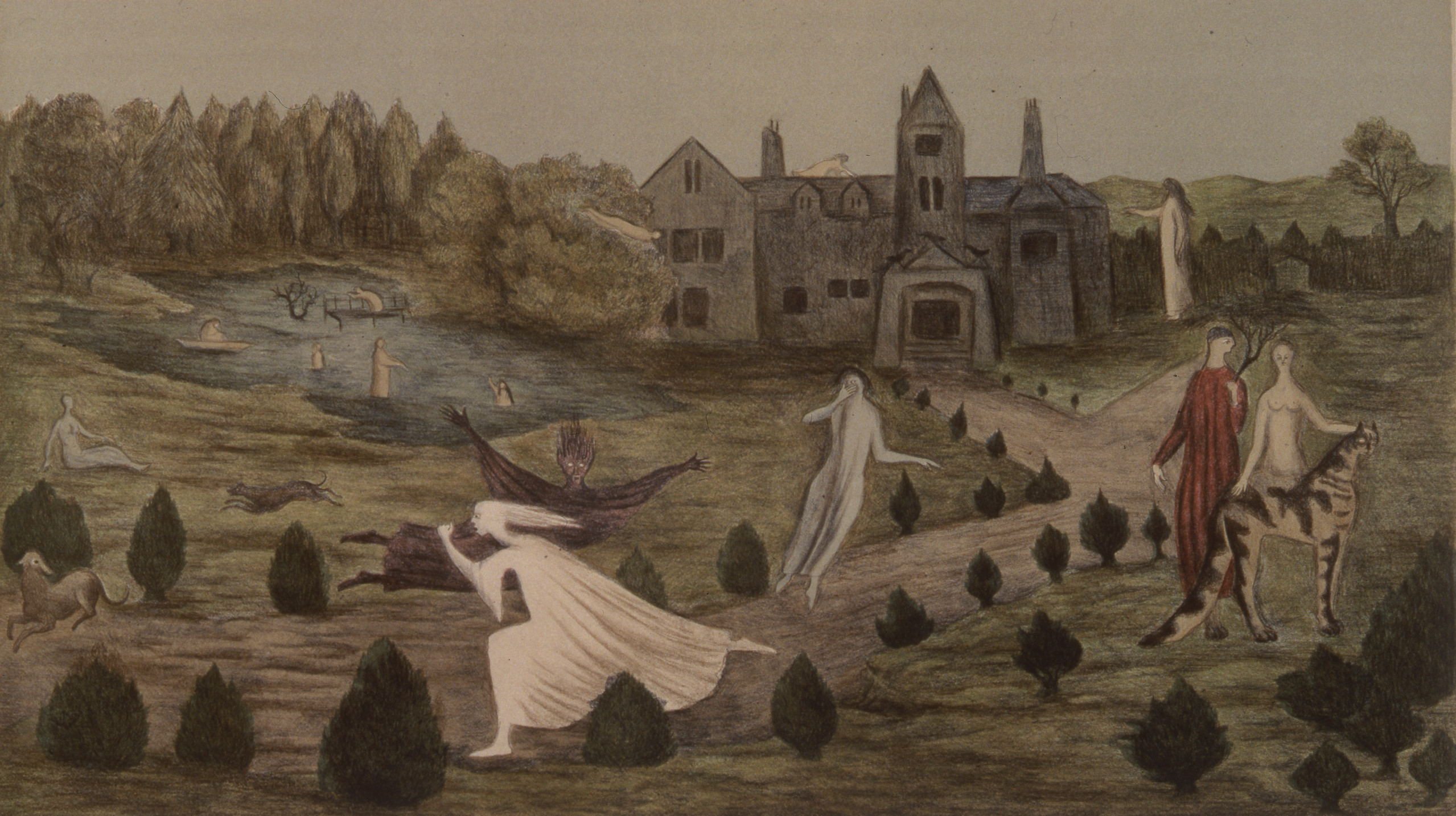 Eerie figures walk, float, swim and stand in a pastoral landscape. A grey house sits next to a small body of water, the lawn decorated with small shrubs and trees. A pair, one dressed and one nude, pet a stripped animal as ghostly figures move through the foreground.