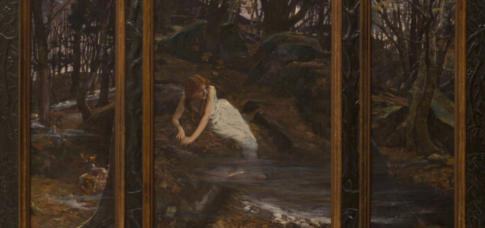 An auburn-haired, light-skinned young woman occupies the central panel of a triptych. Barefoot and clad in a sleeveless white dress, she reclines on a bed of autumn leaves in a rocky, moonlit landscape. The mist at her feet obscures mice. Fairy folk frolic in the left panel.