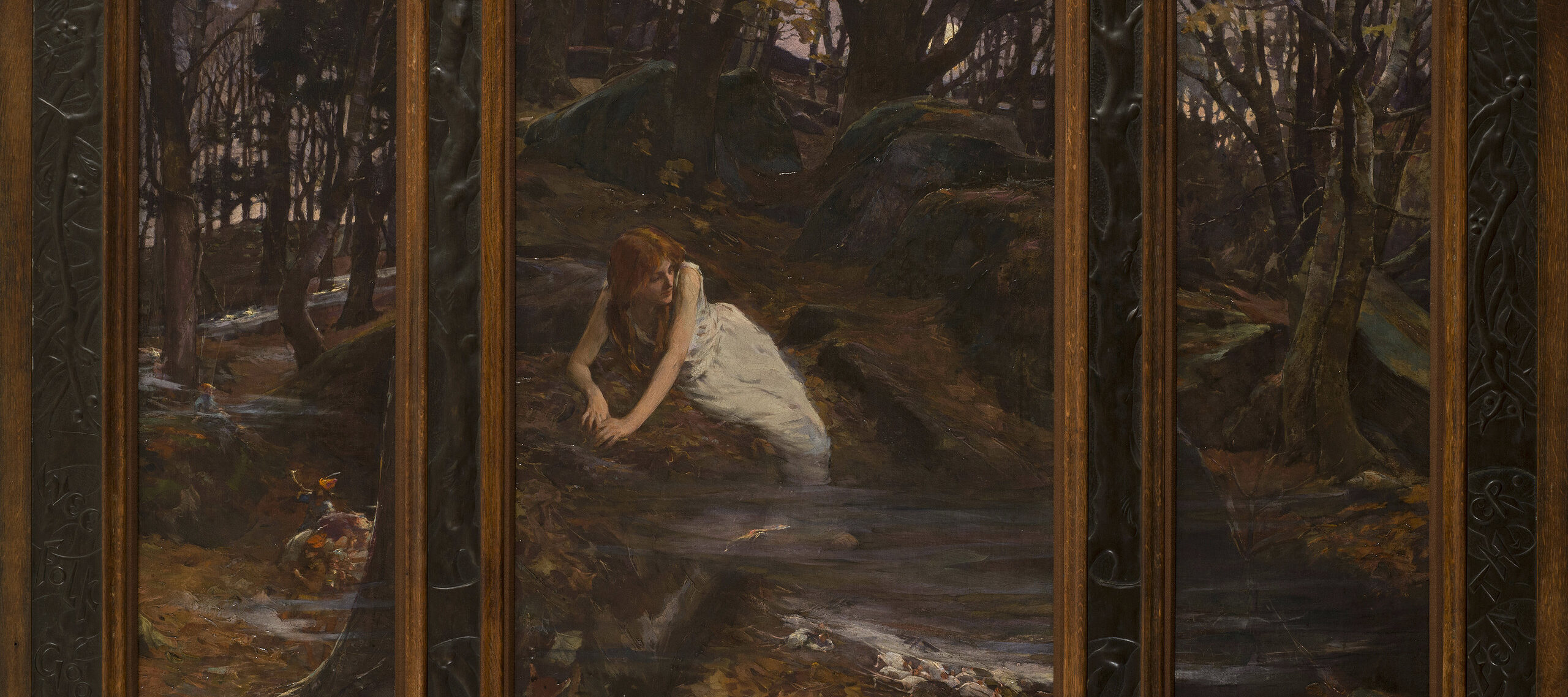 An auburn-haired, light-skinned young woman occupies the central panel of a triptych. Barefoot and clad in a sleeveless white dress, she reclines on a bed of autumn leaves in a rocky, moonlit landscape. The mist at her feet obscures mice. Fairy folk frolic in the left panel.