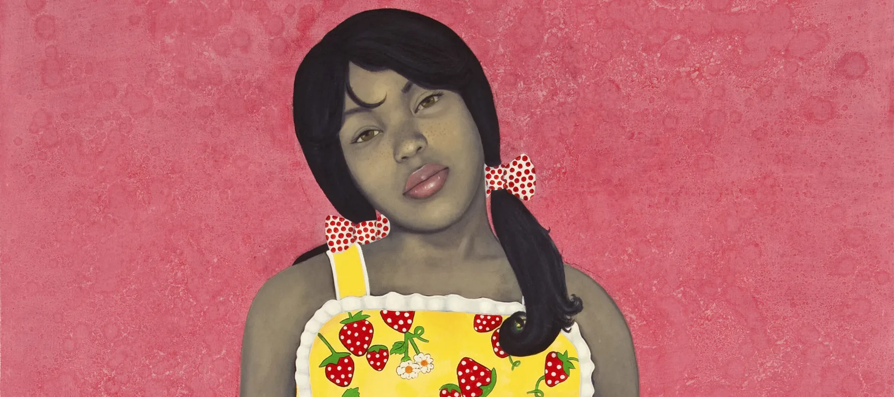 Wearing a bright yellow apron-style dress with strawberries and lace-trim details, an expressionless young woman with medium-dark skin tone rendered in grayscale stares out with her hands in her dress pockets. Her head is cocked to one side against an intensely pink-colored background.