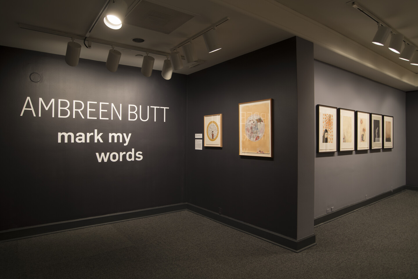 Museum gallery that shows seven prints against dark gray walls and intro text that reads 
