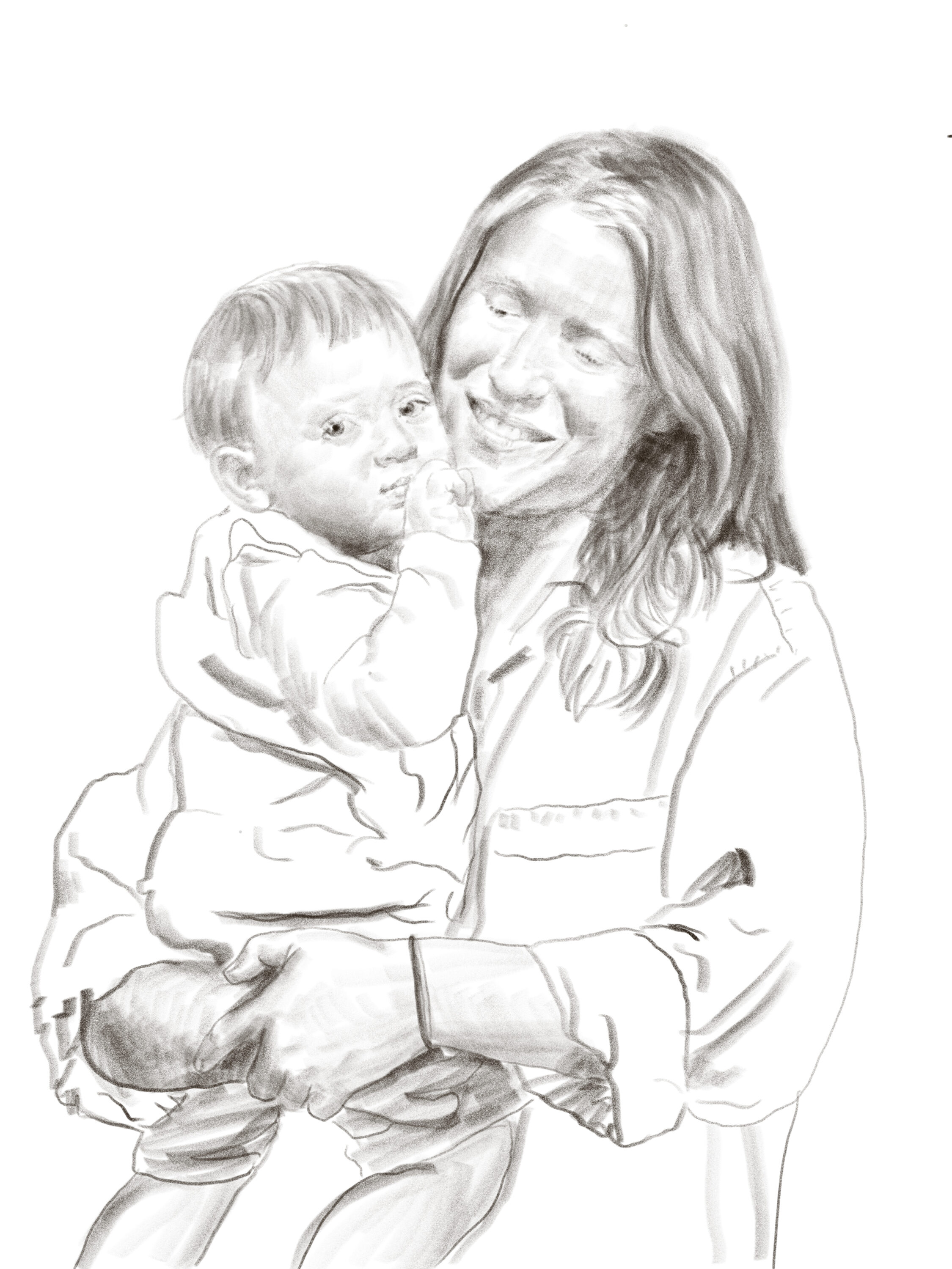 A black-and-white pencil drawing showing a smiling woman holding a young boy. She gazes at him lovingly as he stares towards the viewer with his finger in his mouth.