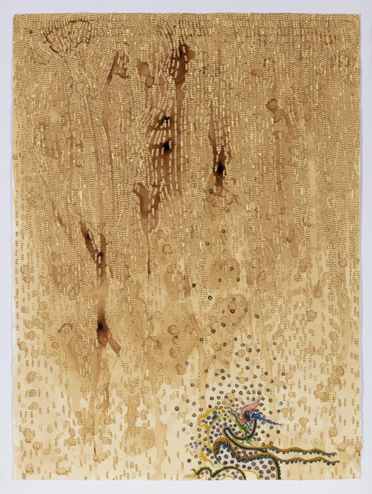 Ambreen Butt, Illyas (13) (from the series “Say My Name”), 2018; Text, collage, and watercolor with white gouache on tea-stained paper, 29 x 21 in.; Courtesy of the artist; © Ambreen Butt; Photo by Kevin Todora 