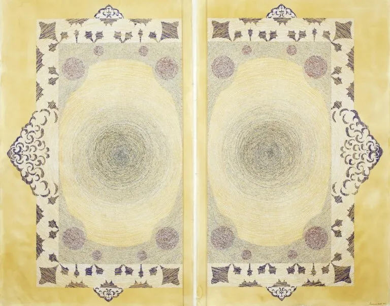 Ambreen Butt, Pages of Deception, 2012; Diptych drawing with torn and collaged text on tea-stained paper, 70 1/2 x 45 in. each; Courtesy of the artist; © Ambreen Butt; Photo by Tony Luong  