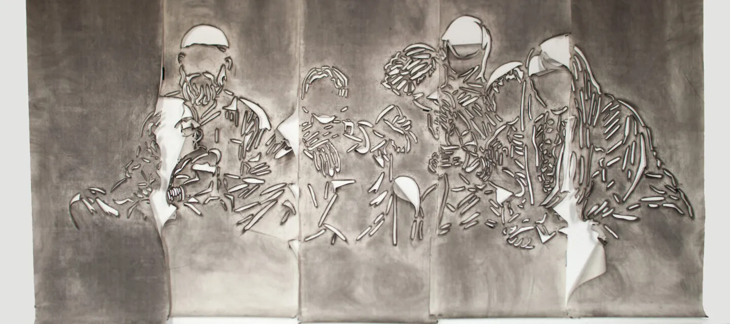 Five panels of paper covered in gray charcoal in which there is a cut stencil of an image of a group of faceless people. The panels have portions of paper that flap and fold.