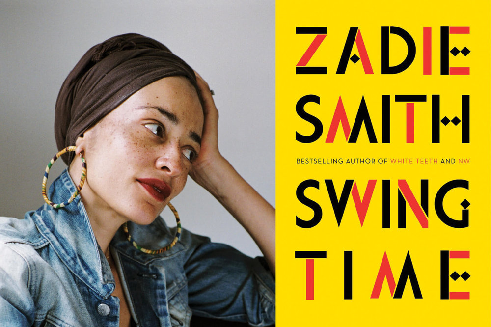 A composite image featuring, on the left, a portrait of a woman wearing a brown head wrap and large hoop earrings with her hand resting on her hand. On the right is the cover of a novel reading "Zadie Smith Swing Time" on a bright yellow background.