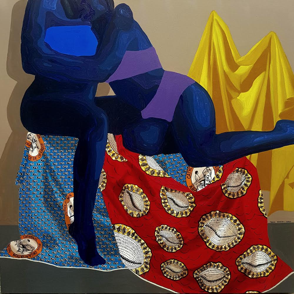A figurative painting showing two blue-hued female bodies holding each other as the sit atop what looks to be boxes covered in brightly patterned fabric. Behind them a yellow fabric hangs against a cream-colored wall.