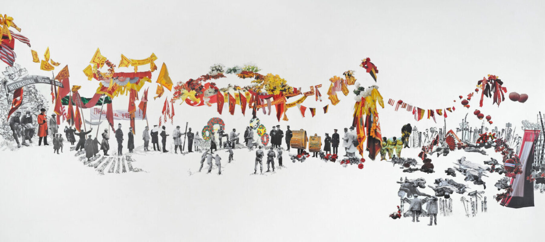 A long horizontal rectangle with small numerous figures and images collaged on the surface. Black and white figures in soldier’s uniforms stand and lay down, along with yellow and red banners, flags, and garlands.