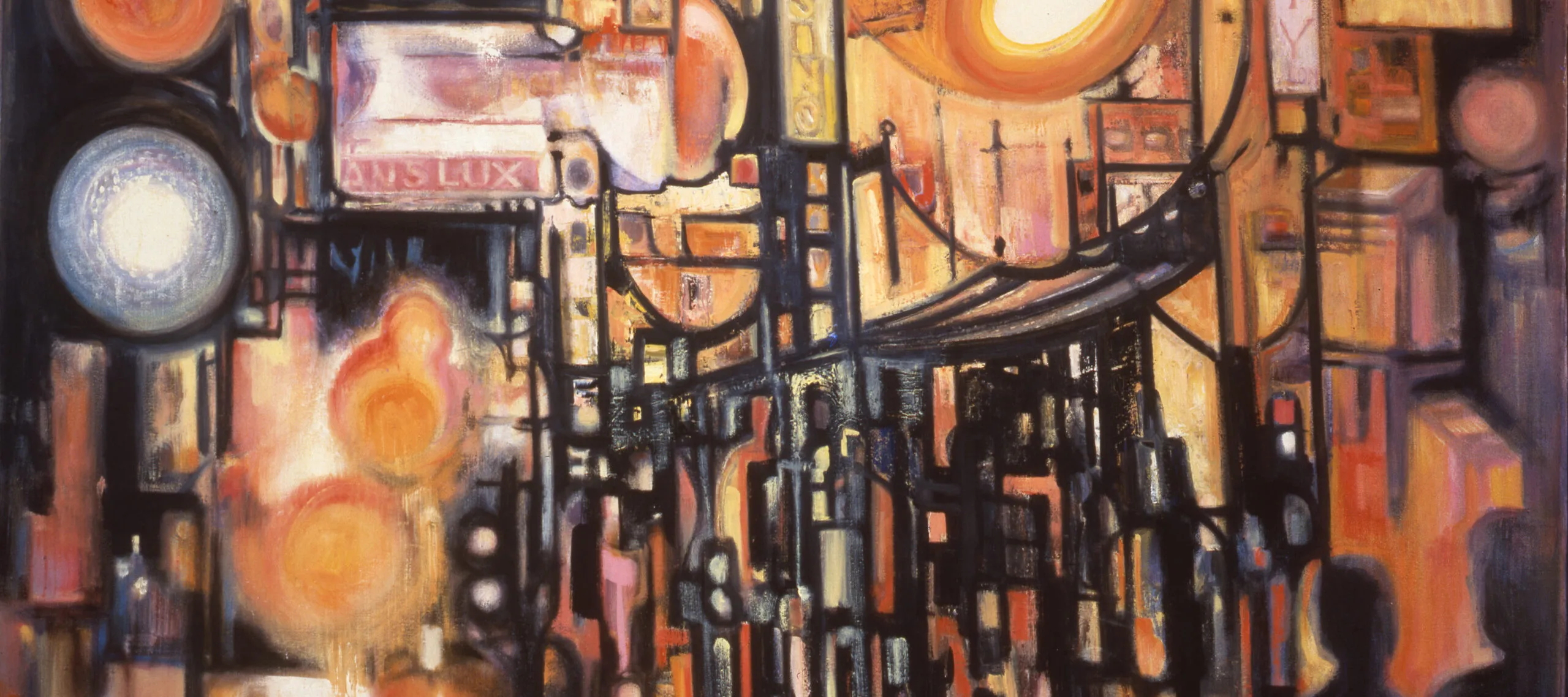 Heavy black lines along with circles and ovals rendered in hot hues of orange and yellow evoke urban architecture and the glare of streetlights in an abstract painting. Two shadowy figures occupy the lower right, and legible signs include “Translux,” “St. H NW,” and “Casino.”