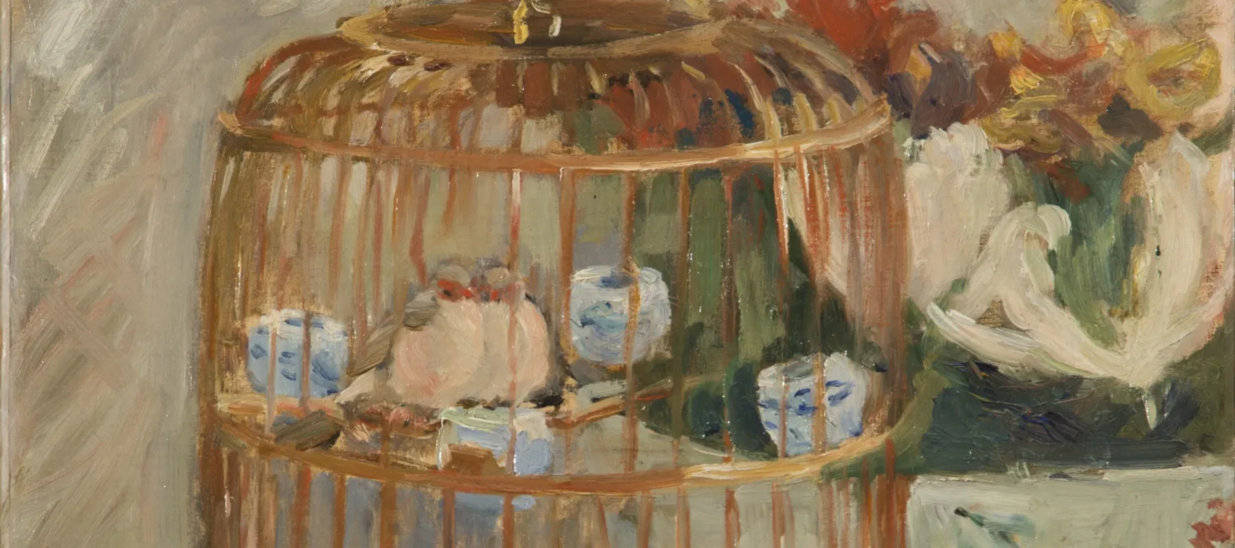 Rendered in loose, impressionistic brushstrokes in muted pastel tones, the still life painting depicts a brass birdcage with two small birds cuddled next to each other on a perch. The cage sits adjacent to and partially obscures a bowl of lush red, yellow, and white flowers.