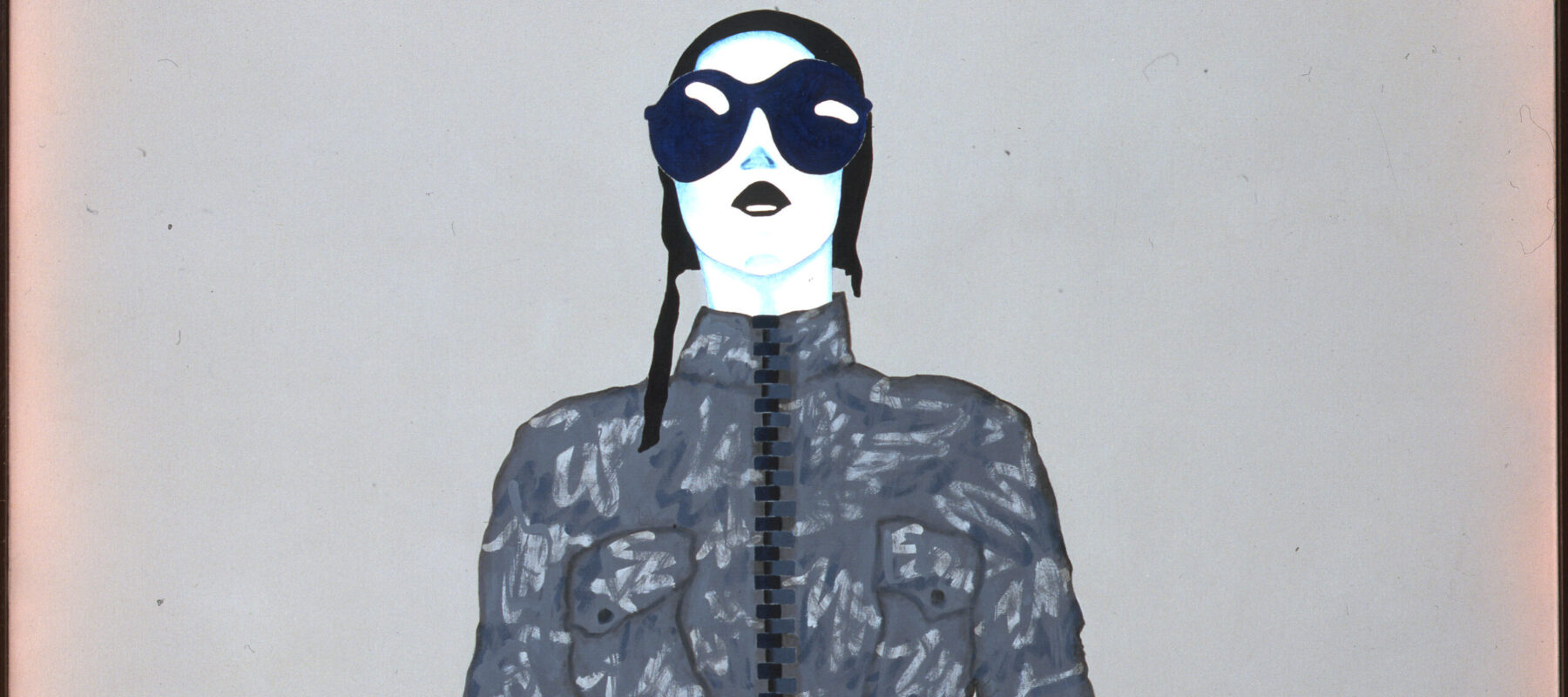 A monumental figure sports a gray camouflage jumpsuit, black army boots, red gloves, and an aviator cap with goggles. Legs splayed, the standing figure wields oversized, white scissors open in an X-shape. The linear style, bulbous eyewear, and cartoonish weapon evoke comic books.