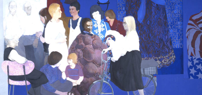 Life-sized, full-length portraits of 12 individuals form a frieze-like composition against a saturated lapis-blue background. Most of those portrayed are noted feminist artists and critics. Details from the artist's earlier paintings appear above and to t