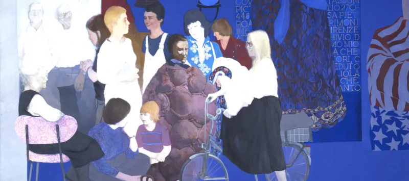 Life-sized, full-length portraits of 12 individuals form a frieze-like composition against a saturated lapis-blue background. Most of those portrayed are noted feminist artists and critics. Details from the artist's earlier paintings appear above and to t