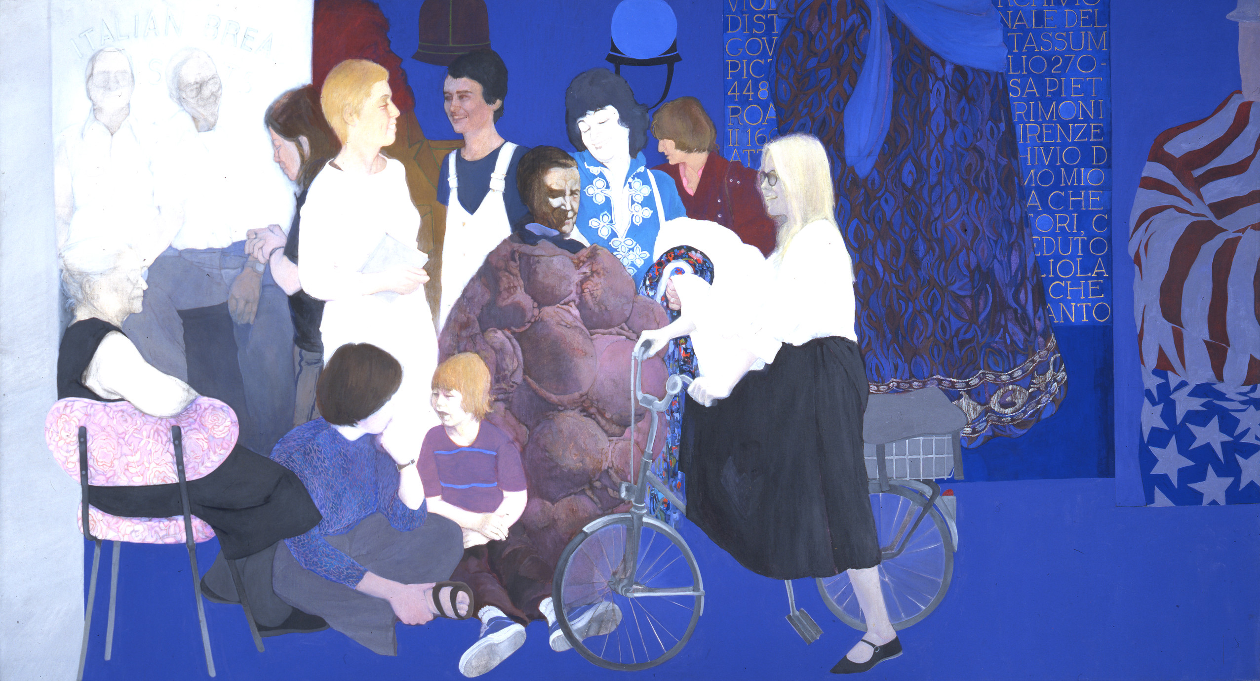 Life-sized, full-length portraits of 12 individuals form a frieze-like composition against a saturated lapis-blue background. Most of those portrayed are noted feminist artists and critics. Details from the artist's earlier paintings appear above and to t